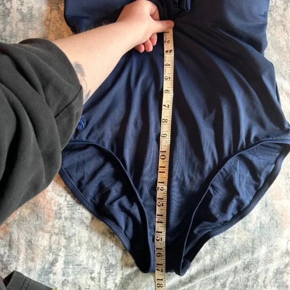 Polo Ralph Lauren Swimsuit Size Large Navy Blue One Piece Scoop Back Ruffle Pony - Picture 16 of 16